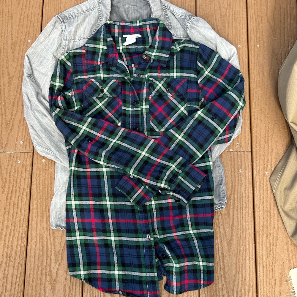 Lot of 2 shirts: Cloth & Stone Gray Denim Shirt; Lollipop Plaid Flannel